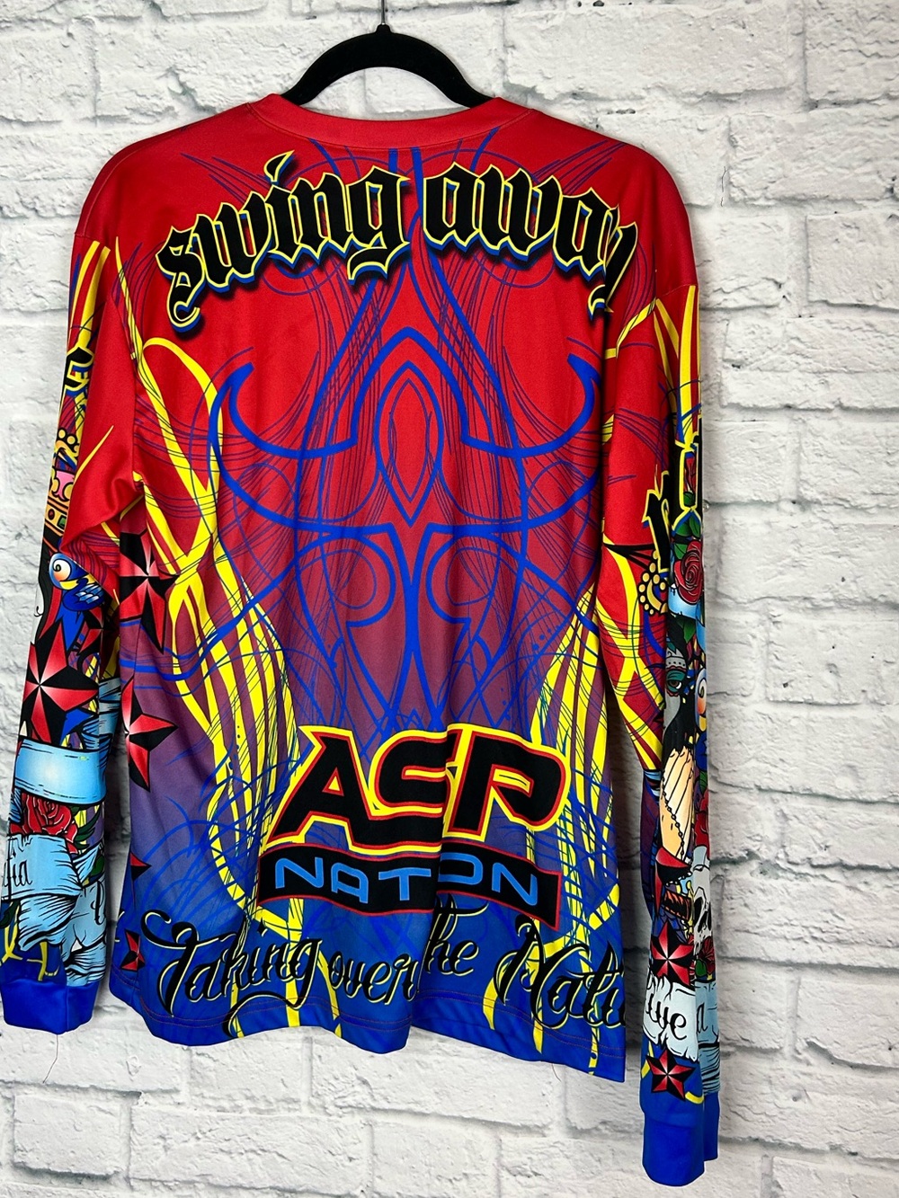 ASP Nation Skull Graphic Long Sleeve Shirt Red Blue Tattoo Style Size M - Picture 6 of 6